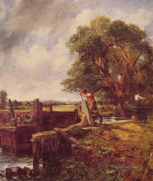 地味なシーン Painting - 水門を通過するボート ロマンチックな風景 ジョン・コンスタブル